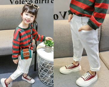 送料無料ロングパンツ 長ズボン キッズ 子供用 子供服 女の子 男の子 ボトムス デニムパンツ ホワイト 白 単色 無地 シンプル ポケット きれいめ ベルト通し