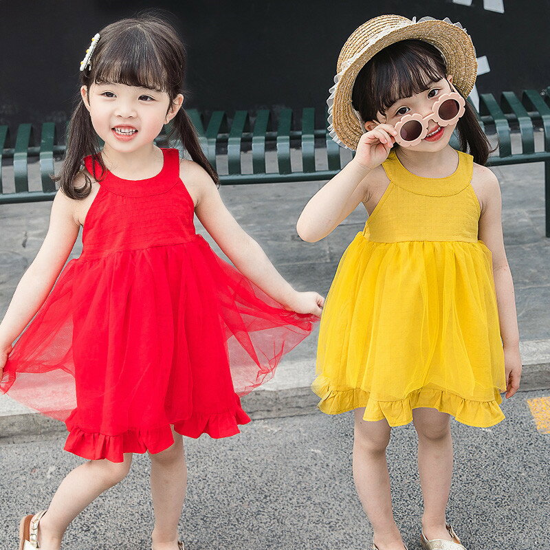 送料無料ワンピース ノースリーブ キッズ 子供 女子 女の子 子供服 キッズ服 トップス チュールスカート オープンバック 背中開き ウエストゴム イエロー レッド 夏 涼しい 爽やか