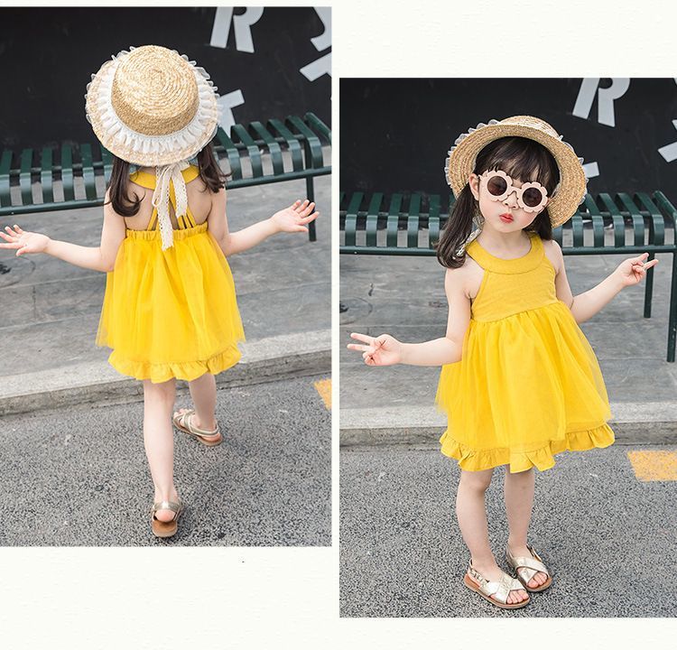 送料無料ワンピース ノースリーブ キッズ 子供 女子 女の子 子供服 キッズ服 トップス チュールスカート オープンバック 背中開き ウエストゴム イエロー レッド 夏 涼しい 爽やか