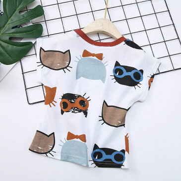 送料無料 半袖Tシャツ カットソー キッズ ジュニア 子供 男の子 女の子 イラスト プリント ねこ ネコ 猫 かわいい おしゃれ ホワイト イエロー ラウンドネック