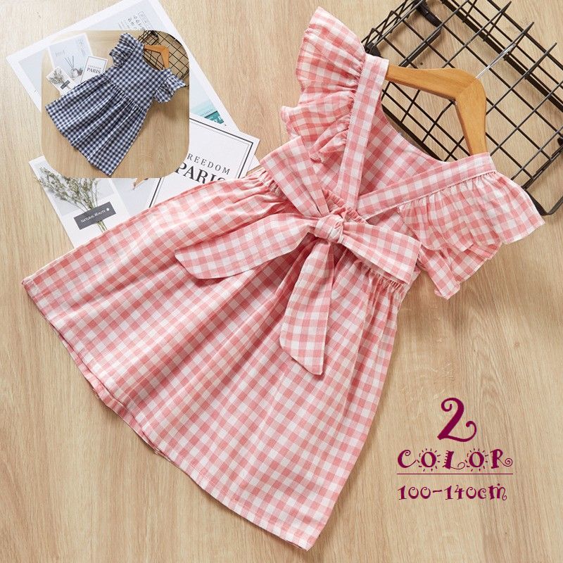 送料無料 ワンピース キッズ 子供 ジュニア ノースリーブ フリル ラウンドカラー タック フレア リボン ギンガムチェック かわいいのサムネイル
