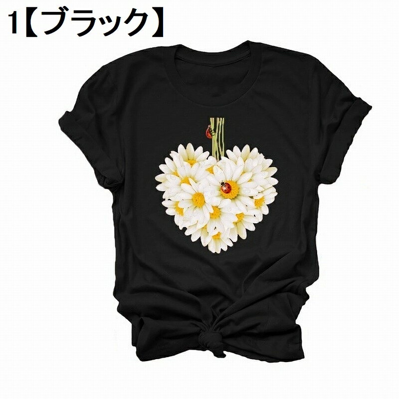 送料無料 Tシャツ レディース 半袖 カットソー トップス おしゃれ 可愛い プリント 花 てんとう虫 カジュアル クルーネック 丸首 2