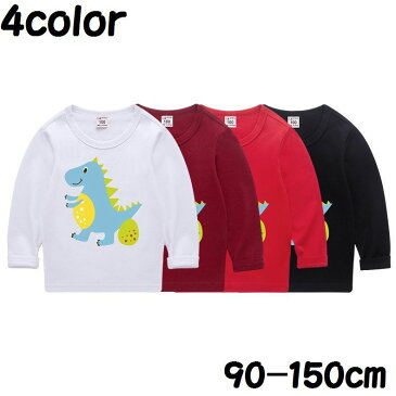 送料無料 Tシャツ カットソー キッズ ベビー ジュニア 女の子 男の子 長袖トップス 子供服 ラウンドネック 丸首 ロゴ プリント 恐竜 怪獣 白 黒 赤 シンプル カジュアル かわいい おしゃれ 着回し ガールズ ボーイズ 赤ちゃん 乳幼児 園児 小