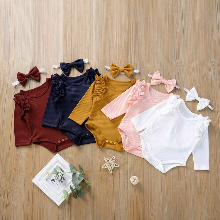 送料無料ロンパース ベビー 子供用 長袖 赤ちゃん ヘアバンド 2点セット カバーオール かわいい フリル リブ編み ラウンドネック 出産祝い ギフト プレゼント