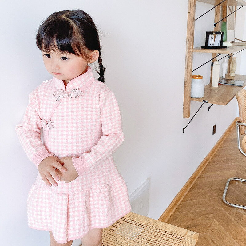 送料無料ワンピース 長袖 ミニ丈 キッズ ベビー 子供 女の子 ニット チャイナドレス風 チェック 裾フリル パステルカラー マオカラー かわいい おしゃれ