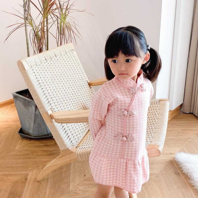 送料無料ワンピース 長袖 ミニ丈 キッズ ベビー 子供 女の子 ニット チャイナドレス風 チェック 裾フリル パステルカラー マオカラー かわいい おしゃれ