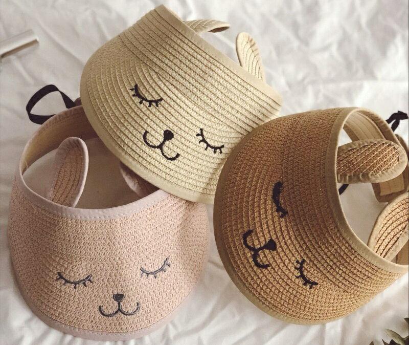 送料無料 サンバイザー 麦わら キッズ 子供用 女の子 男の子 熊 くま 刺繍 耳 折り...