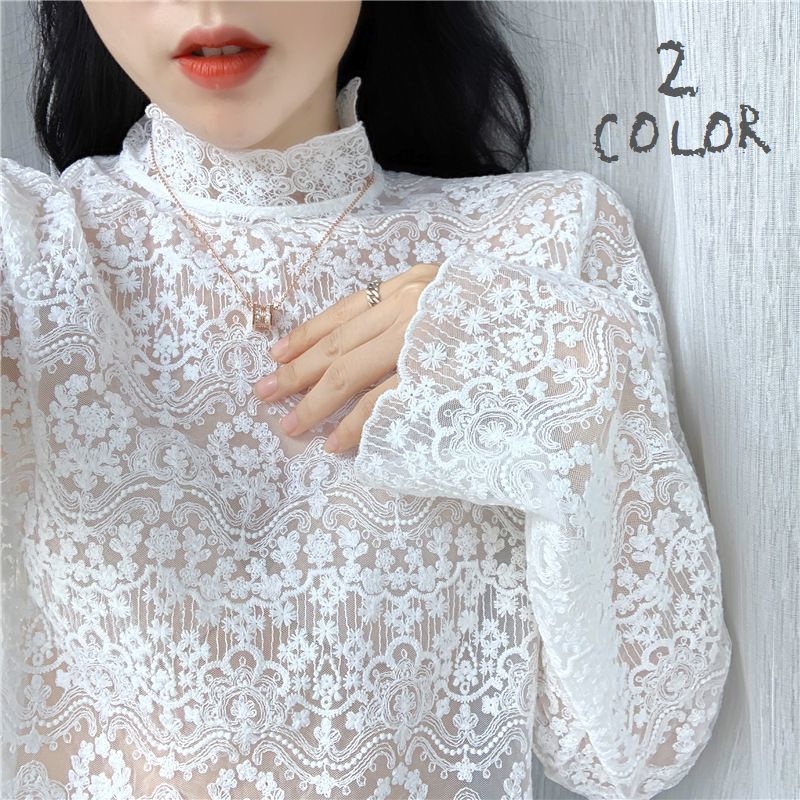 送料無料 ブラウス レディース 女性用 トップス 長袖 総レース ボトルネック シースルー 透け感 かわいい おしゃれ 上品 清楚 ガーリー キュートのサムネイル