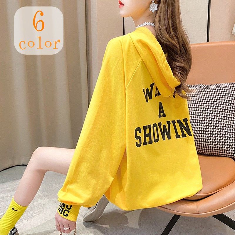 送料無料 パーカー フーディー プルオーバー レディース 女性用 トップス 長袖 英字ロゴ ポケット付き フード付き ビッグシルエット ゆったり バックプリント 単色 カジュアル おしゃれ ブラック ホワイト レッド 黒 白 赤