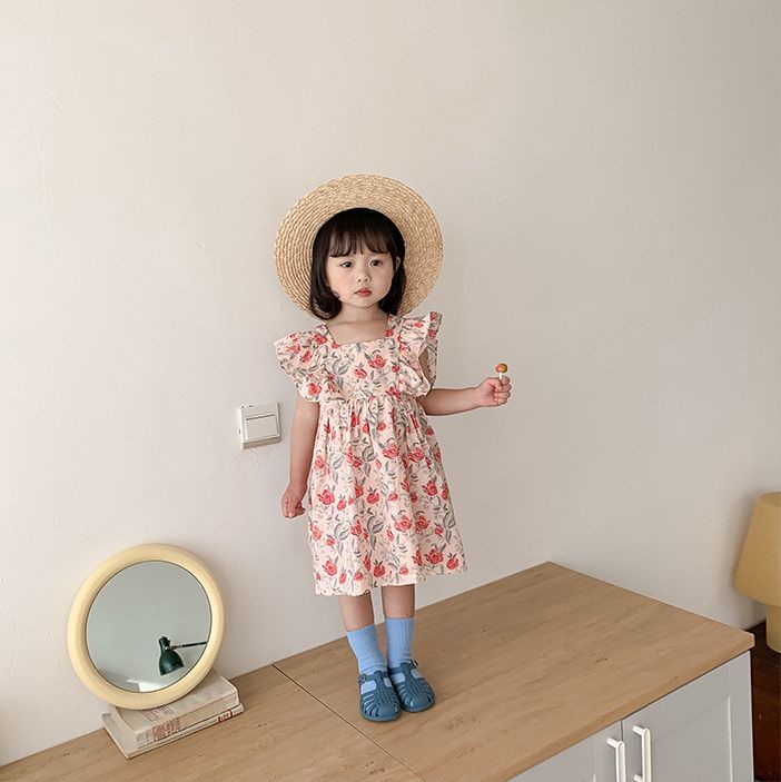 送料無料 ワンピース キッズ ベビー 子供服 女の子 ひざ丈 ノースリーブ Aライン 花柄 スクエアネック エンジェルスリーブ 肩フリル おしゃれ 可愛い お出かけ 春 夏