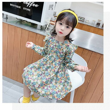 送料無料 ワンピース キッズ 子供服 女の子 長袖 丸首 ラウンドネック クルーネック Aライン 膝上丈 肩フリル 背中ボタン 総柄 花柄 フラワー 華やか かわいい キュート 春 秋