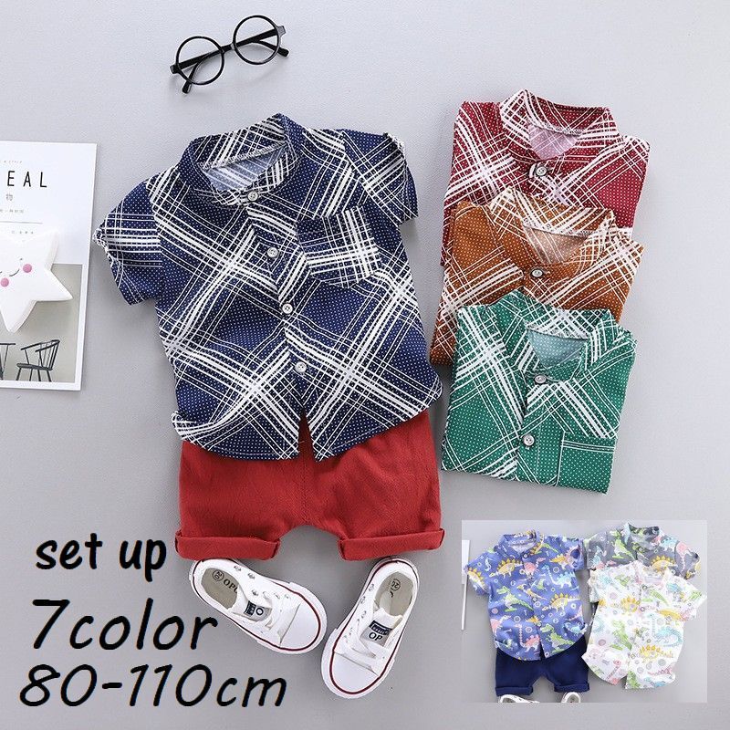 送料無料 セットアップ 半袖 シャツ パンツ 半ズボン 夏服 男の子 女の子 ハーフパンツ スタンドカラー 子供服 キッズ オシャレ チェック ツーピース