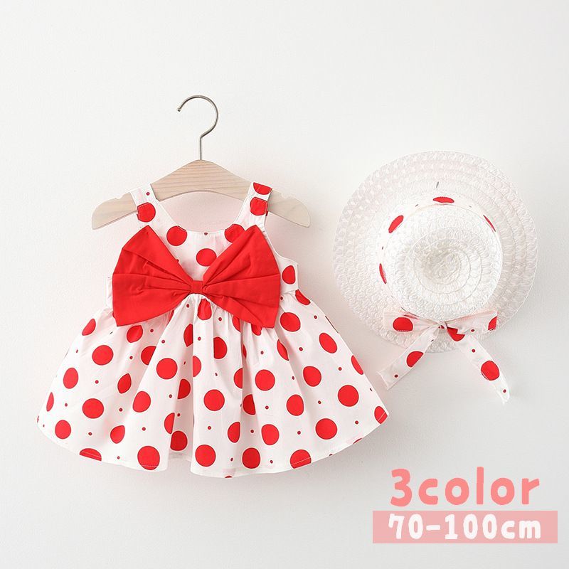 送料無料 ワンピース 子供服 ベビー キッズ 女の子 麦わら帽子付き 2点セット ノースリーブ フレア 水玉 ドット柄 リ…