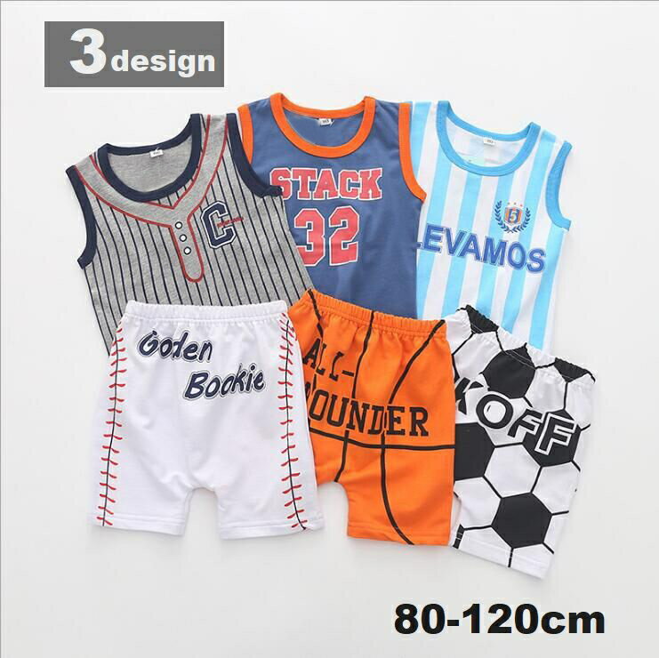 送料無料 セットアップ 子供服 キッズ ベビー 男の子 女の子 上下 2点セット タンクトップ ショートパンツ ユニフォーム風 短パン サッカー 野球 バスケットボール ベースボールのサムネイル
