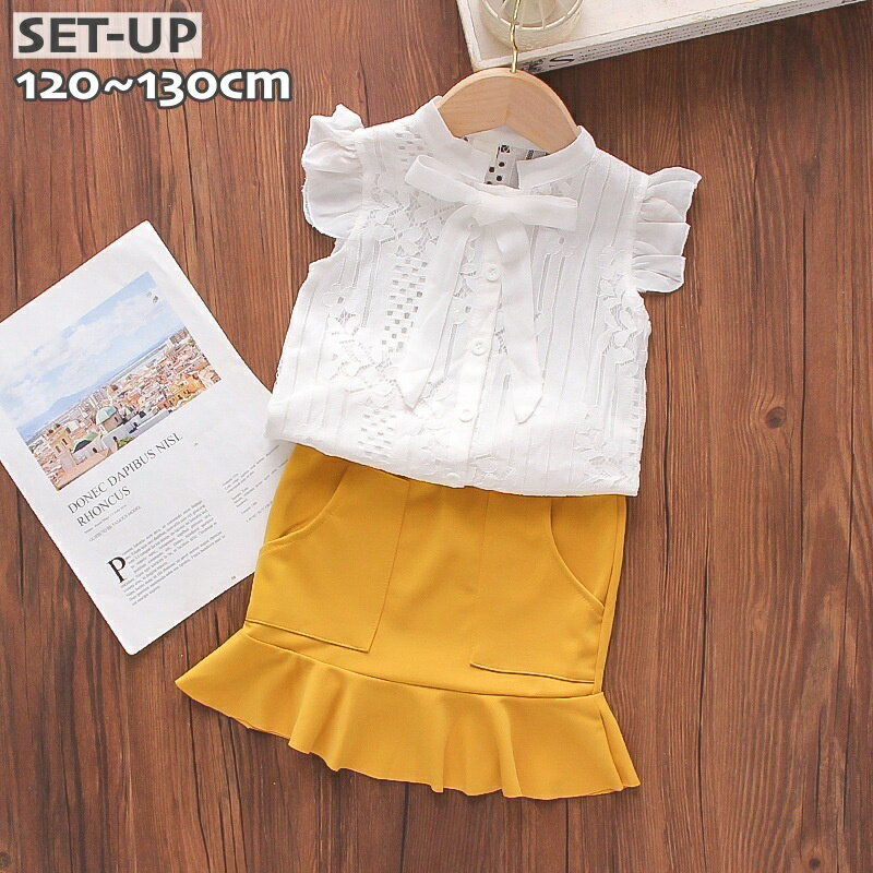 送料無料 セットアップ 上下 2点セット キッズ 女の子 子供用 トップス ボトムス ブラウス ノースリーブ 袖なし 肩フリル 前ボタン 前開き リボン スカート フレア裾 ウエストゴム シンプル レース お洒落 可愛い 普段使い お出かけ 女児 子供服のサムネイル