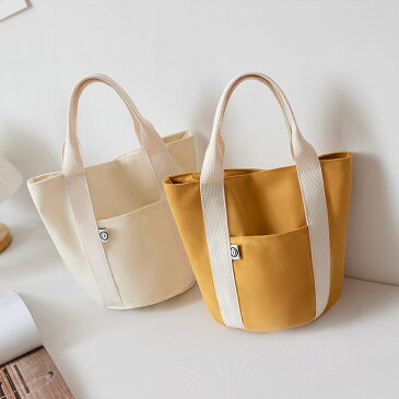 送料無料 トートバッグ キャンバス レディース 無地 シンプル 収納 手提げ ミニ ハンドバッグ BAG かばん カバン 鞄 ランチバッグ サブバッグ お弁当バッグ スナップボタン バケツ型 丸底 バイカラー ブラック オフホワイト カジュアル デイリー