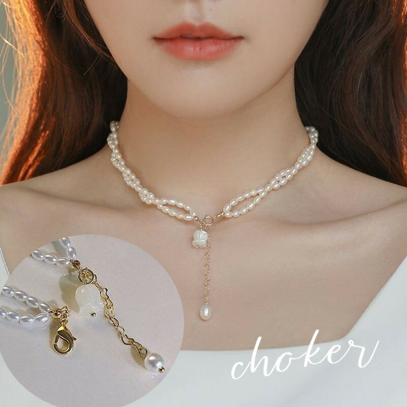 送料無料 チョーカー ネックレス レディース アクセサリー ゴールドカラー フェイクパール フラワーモチーフ 2連 上品 華やか かわいい キュート おしゃれ ...