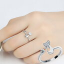 送料無料 リング 指輪 レディース アクセサリー 女性用 オープンリング ねこ ハート ラインストーン かわいい ギフト プレゼント ネコ フリーサイズ