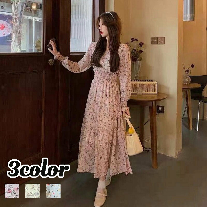 送料無料 ワンピース レディース 婦人服 長袖 Vネック 前ボタン ロング丈 ミモレ丈 フレア フラワー 花柄 プリント シフォン調 ギャザー シャーリング おしゃれ かわいい エレガント デイリー 普段使い お出かけ 大きいサイズ