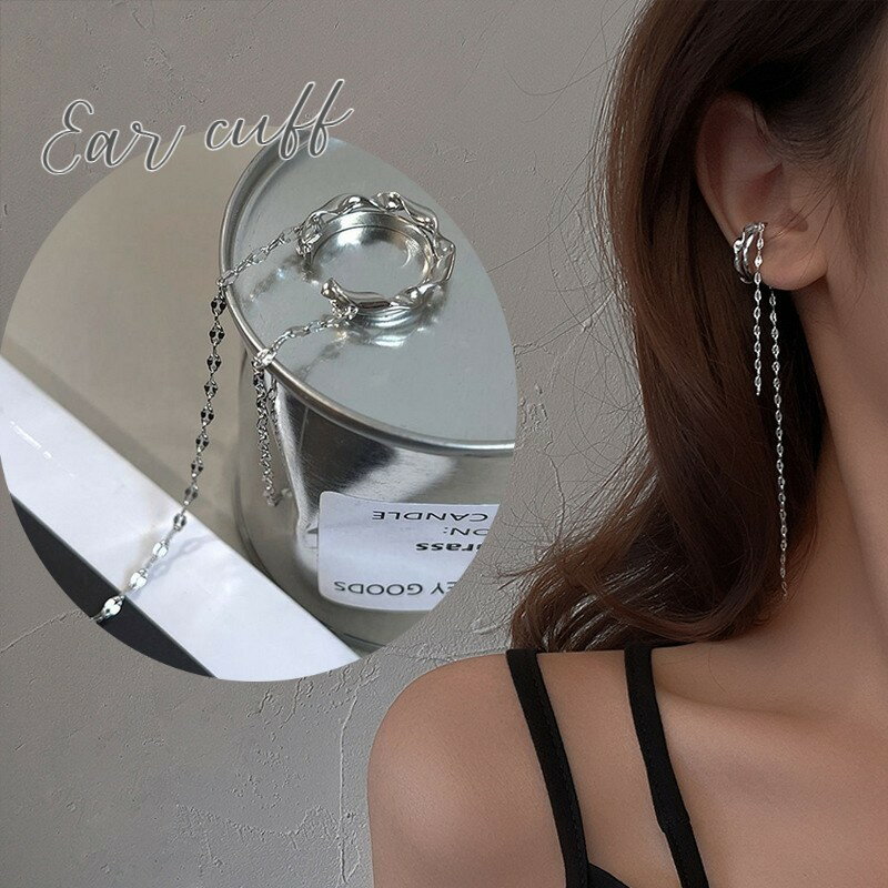 送料無料 イヤーカフ イヤカフ レディース アクセサリー 片耳用 1個売り シルバーカラー ツイスト チェーン ロング 揺れる 2連風 大ぶり 存在感 ピアスホ...