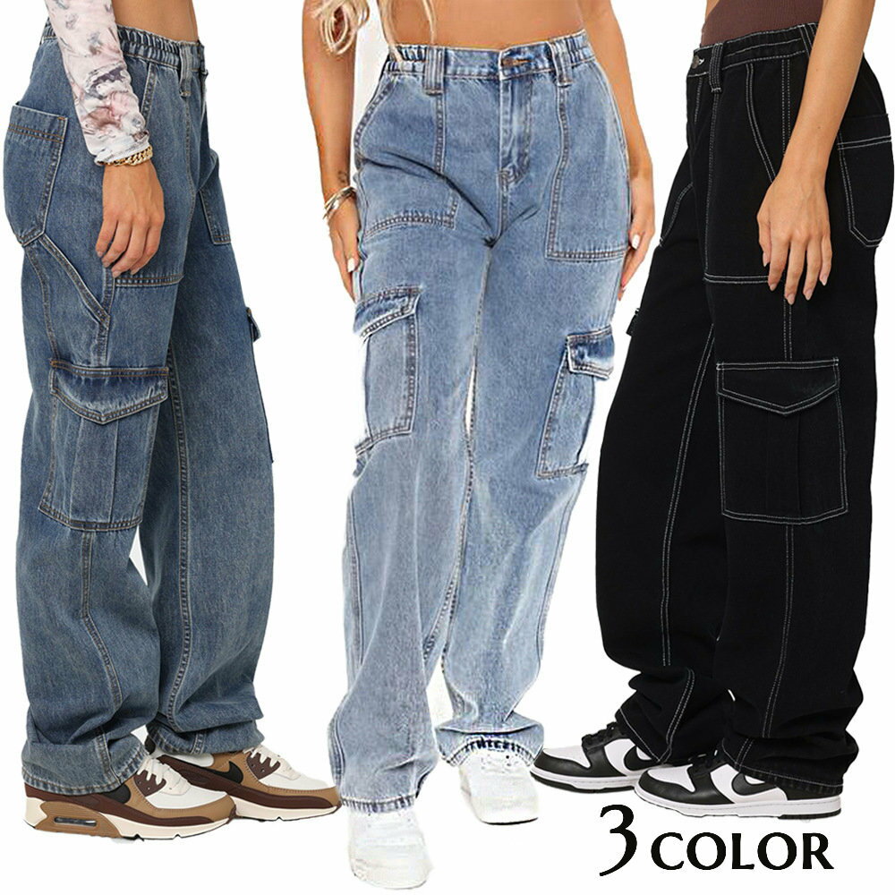 送料無料 ロングパンツ カーゴパンツ ワイドパンツ デニム レディース 婦人服 ボトムス 長ズボン ハイウェスト ステッチ サイドポケット ルーズフィット おしゃれ カジュアル かわいい デイリー 普段使い