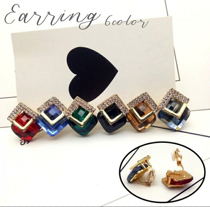 送料無料 イヤリング レディース 女性用 アクセサリー ネジバネ ゴールドカラー ラインストーン カラーストーン キラキラ スクエア 上品 エレガント 高級感 ...