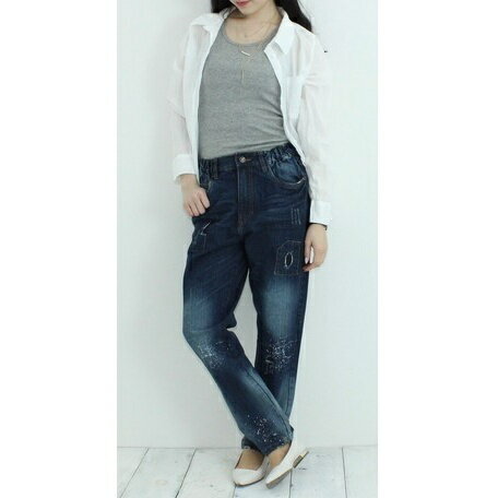 送料無料 ロングパンツ デニムパンツ ダメージ ペイント レディース 女性 ボトムス ジーンズ ジーパン Gパン ウエストサイドゴム 大きいサイズ シンプル カジュアル ゆったり 着回し ネイビー ブルー 婦人服