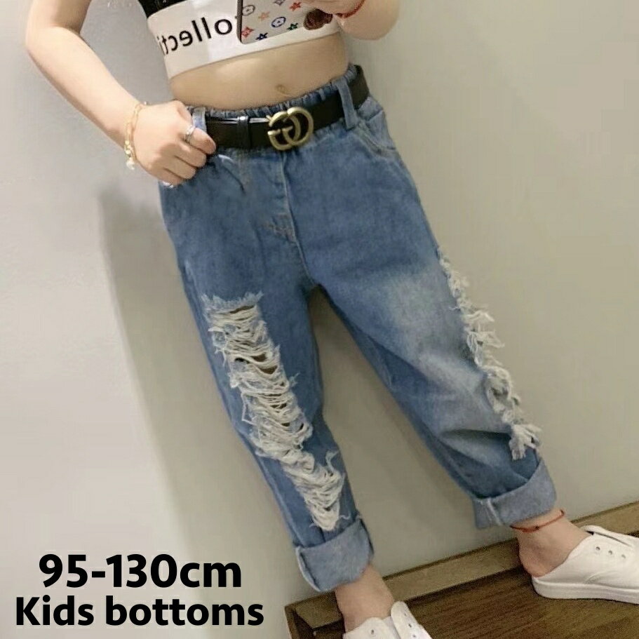 送料無料 ロングパンツ デニムパンツ ダメージ加工 キッズ 子供 女の子 男の子 ボトムス ジーパン ジーンズ ウエストゴム カジュアル 着回し お洒落 お出かけ 普段使い 子供服 女児 男児