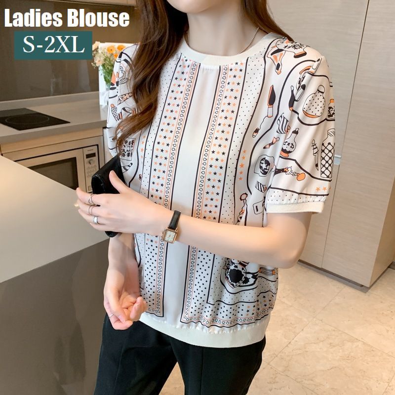 送料無料 ブラウス 半袖 レディース トップス プルオーバー ラウンドネック 裾リブ シフォン 柄入り 婦人服 女性用 透け感 大きいサイズあり おしゃれ 普段着 デイリー 外出 お出掛け 通勤 通学 S M L XL 2XLのサムネイル