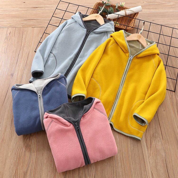 送料無料 パーカー フリースジャケット キッズ ジュニア 女の子 男の子 アウター 上着 長袖 ジップアップ チャック 前開き ポケット付き フード付き フーディ 無地 ブルー ピンク ツートンカラー シンプル カジュアル かわいい キュート 防寒 秋 冬 3