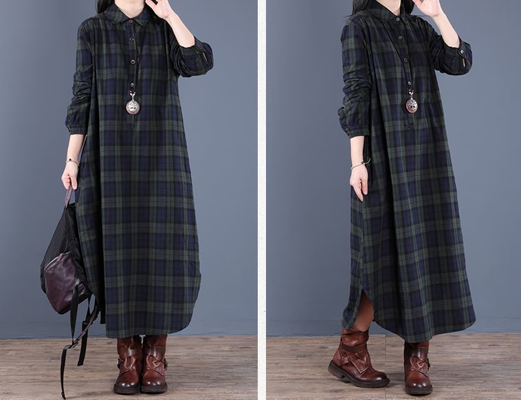 送料無料 シャツワンピース レディース 女性用 長袖 ロング丈 チェック柄 襟付き ハーフボタン 大きいサイズ ゆったり ポケット付き