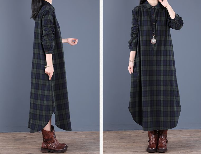 送料無料 シャツワンピース レディース 女性用 長袖 ロング丈 チェック柄 襟付き ハーフボタン 大きいサイズ ゆったり ポケット付き