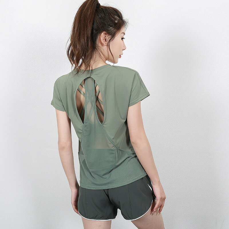 送料無料 ヨガウェア トップス Tシャツ レディース 女性用 半袖 ラウンドネック 背...