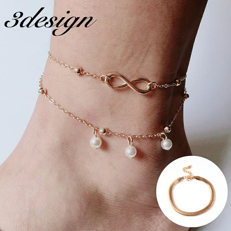 送料無料 アンクレット 重ね付け風 二連 ダブルチェーン レディース 女性 アクセサリー チェーン 2連 シンプル 8の字 フェイクパール パール調 ゴールドカ...