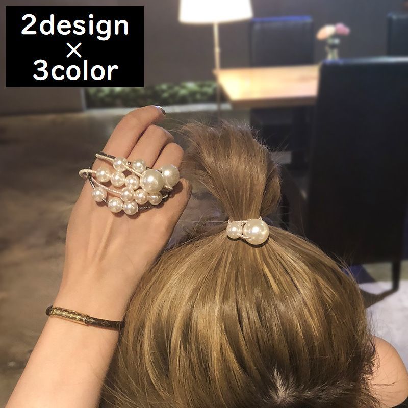 ヘアゴム黒モフモフクリアパール風ゴールド合金プレート