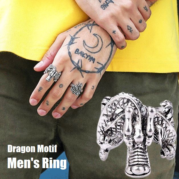 送料無料 メンズリング 指輪 デザインリング ドラゴン 龍 竜 オープンリング サイズ調節可 男性用 アクセサリー クール かっこいい ストリート系 ファッションリング