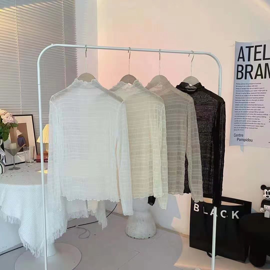 送料無料 ブラウス シアートップス シアーシャツ レディースブラウス トップス カットソー 長袖 ハイネック オフトータルネック フリル シャーリング 透け感 おしゃれ フェミニン