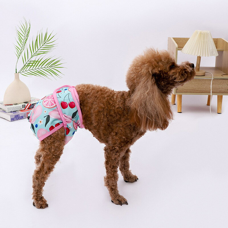 Plus Naoの送料無料 犬用サニタリーパンツ ペット用パンツ マナーパンツ 生理用ショーツ 犬 ドッグ おむつカバー 小型犬 中型犬 面ファスナー 吸水性 総柄 さくらんぼ スイカ フルーツ しましま 着せやすい 着脱簡単 かわいい キュート ガーリー おしゃれ 青 紫 ピンク 赤｜アングル3