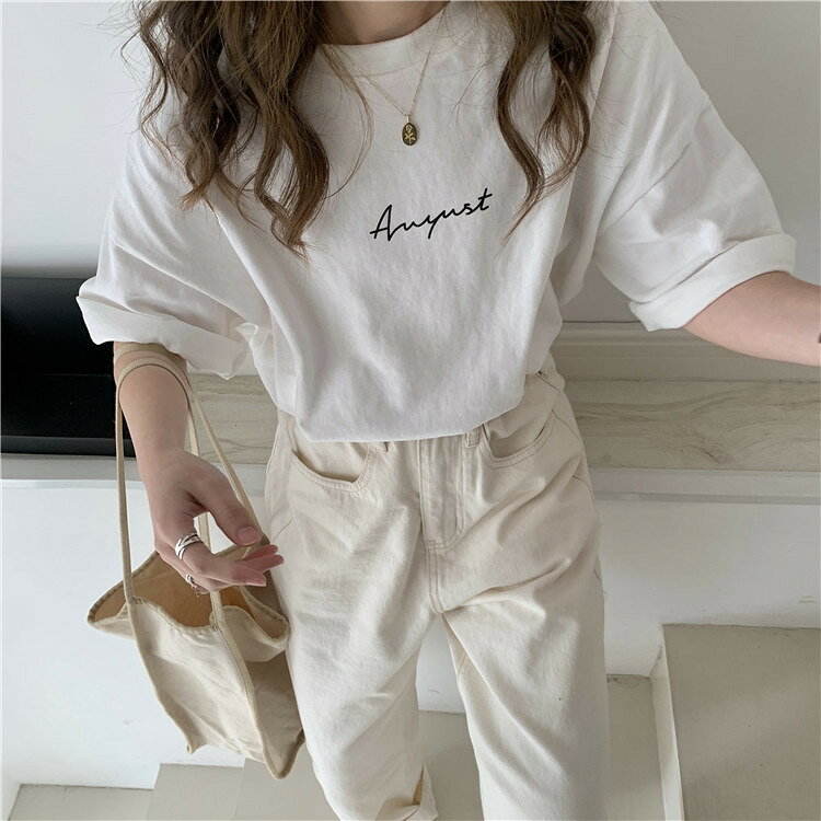 送料無料 Tシャツ カットソー 半袖 レディース トップス ドロップショルダー ラウンドネック オーバーサイズ カジュアル プルオーバー 英字ロゴ 婦人服 女性用 ゆったり ラフ お出掛け 部屋着