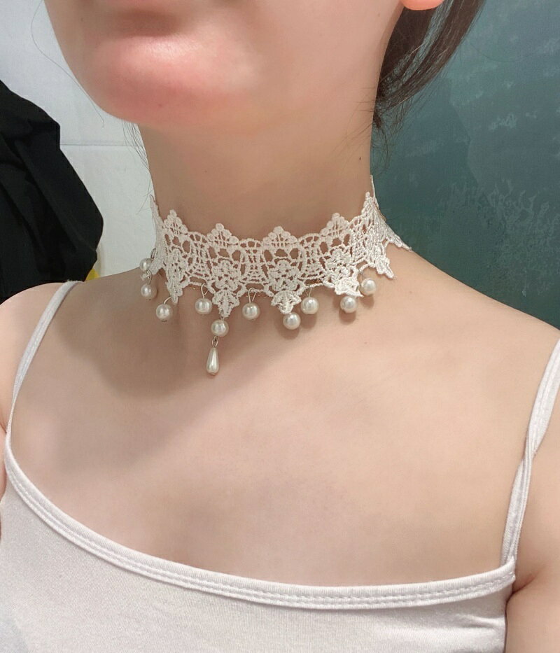 送料無料 チョーカー レディース ネックレス 刺繍レース レース フェイクパール パ...