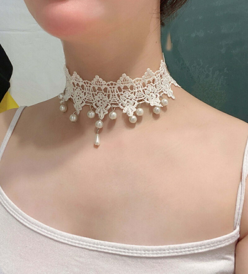 送料無料 チョーカー レディース ネックレス 刺繍レース レース フェイクパール パ...