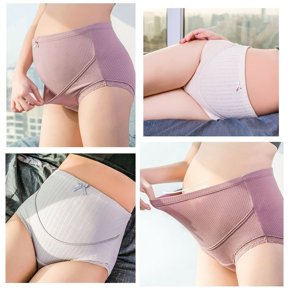 送料無料 マタニティショーツ 単品 レディース 女性 妊婦用 ハイウエスト パンツ 下着 インナー 産前 産後 出産準備 レース リボン 無地 単色 大きいサイズ U字 立体 ストレッチ ボタンホール付きゴム 調節 シンプル すっぽり 3