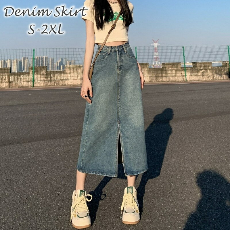 送料無料 スカート デニム レディース 女性用 ボトムス ミモレ丈 ロング丈 無地 タイト 前スリット カ..