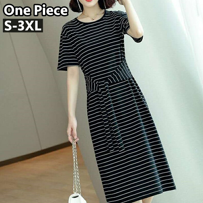 Free shipping One Piece Short-sleeved, long-length, midi-length, A-line women's T-shirt One Piece Round neck, striped pattern, waist-wrap style ribbon, casual, stylish, women's clothing, plus sizes available.Sai Z