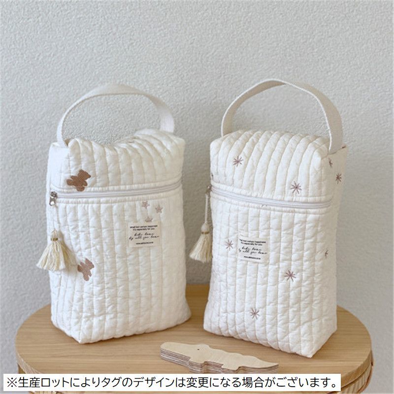 送料無料 おむつポーチ おむつ入れ ベビー用品 赤ちゃん マルチポーチ 持ち手付き キルティング タッセル ファスナー 刺繍 小物入れ オムツ収納 持ち歩き便利 お出掛け 携帯用 出産祝い 贈り物