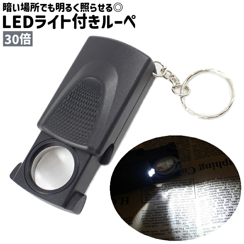 送料無料 ルーペ 拡大鏡 虫眼鏡 30倍 LED ライト付き 照明付き キーホルダー付き キーリング付き シンプル コンパクト 持ち運び 新聞 読書 観察 鑑定 文字 拡大 黒 ブラック