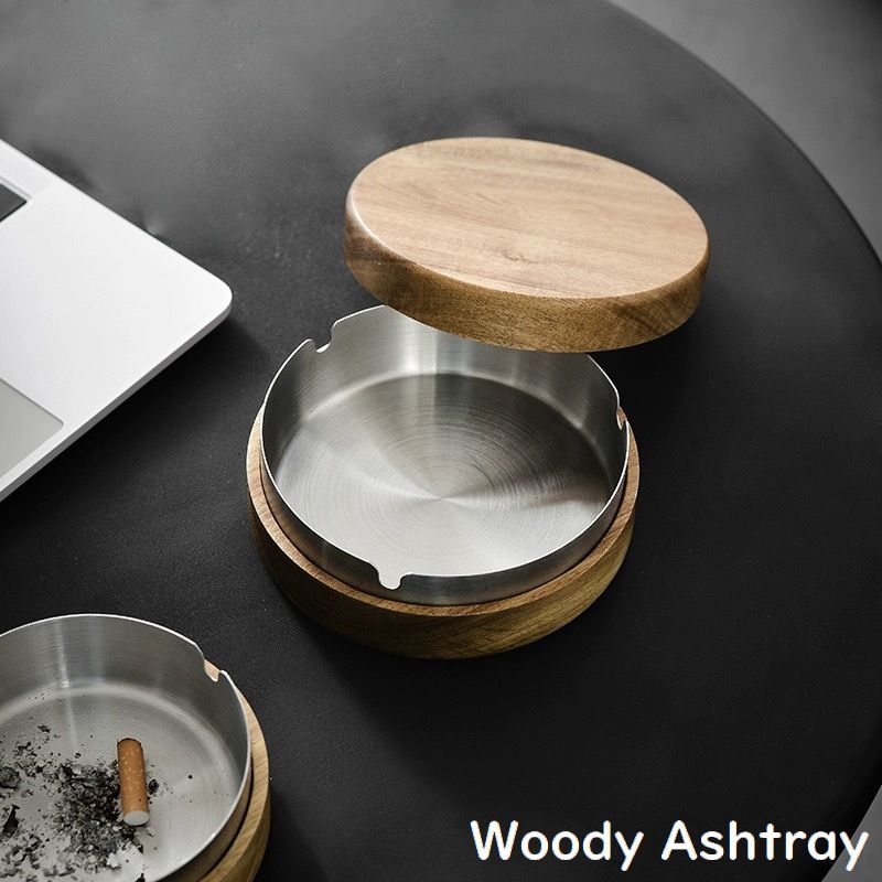 送料無料 灰皿 アッシュトレイ ステンレス 木製の蓋付き フタ付き 飛び散り防止 卓上 喫煙具 吸い殻入れ 円形 丸型 大容量 インテリア