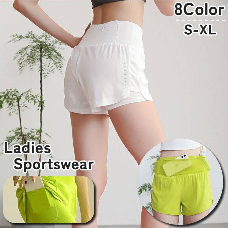 送料無料 スポーツウェア ショートパンツ インナーパンツ付き 360度 ウエストポケット ウエストポーチ レディース 女性 婦人 大きいサイズ スポーツ ジム 運動 ジョギング ランニング フィットネス 短パン ヨガパンツ 薄手 通気性 ハイウエスト 速乾性 チラ見え防止 透け防止