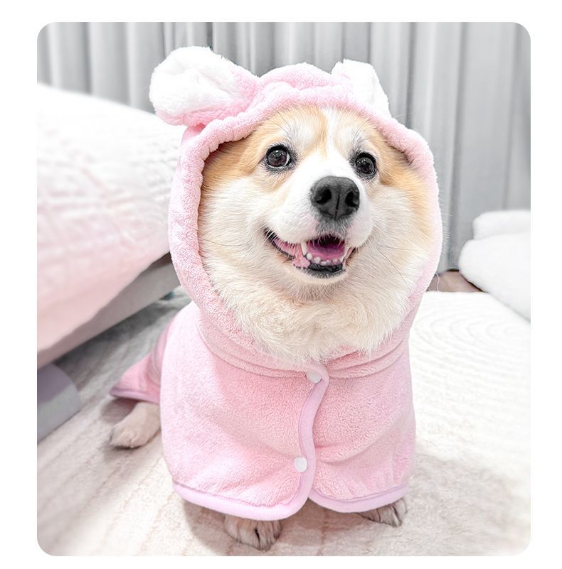 Plus Naoの送料無料 ペット用バスローブ 犬用 イヌ 猫用 ネコ ペット用品 ペットグッズ タオル 体拭き 吸水 フード付き 耳付き 面ファスナー マジック テープ ボタン 無地 かわいい おしゃれ ピンク ブルー イエロー 便利｜アングル2