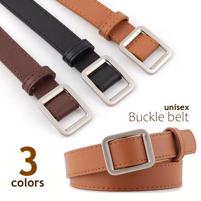 Free shipping! Leather-look belt, no holes, for women and men. 105cm total length. Square buckle. Simple and basic design. Unisex fashion accessory. Available in black, brown, and camel.